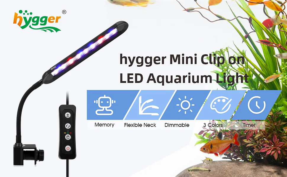 hygger Mini Clip-on LED Aquarium Light with Memory, Flexible Neck, Dimmable, 3 Colors, and Timer features for aquariums