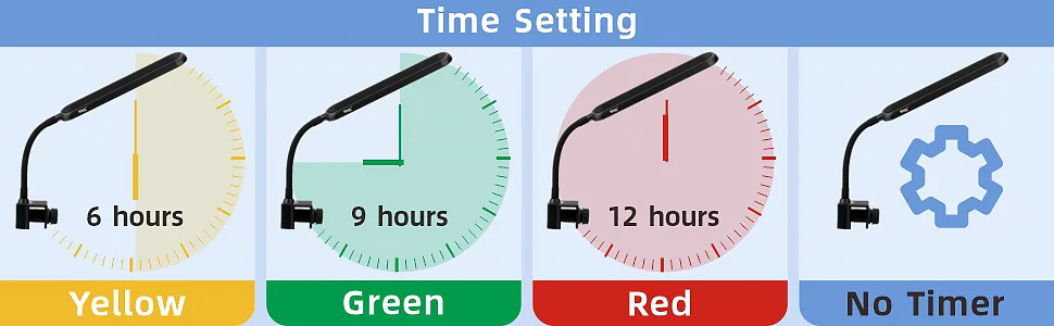 Time setting options for Hygger aquarium LED light: 6h yellow, 9h green, 12h red, and no timer mode with gear icon.