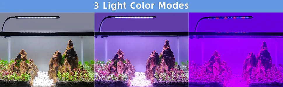 Hygger aquarium LED light with 3 color modes: white, purple, and blue lighting for vibrant aquatic plant growth and fish visi