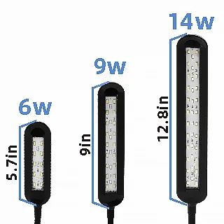 Hygger aquarium LED lights with 6W, 9W, and 14W options, 5.7in, 9in, and 12.8in sizes for fish tank lighting