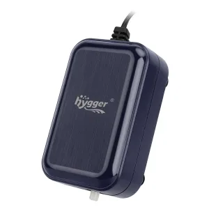 Hygger aquarium air pump with power cord and brand logo on dark blue rectangular device