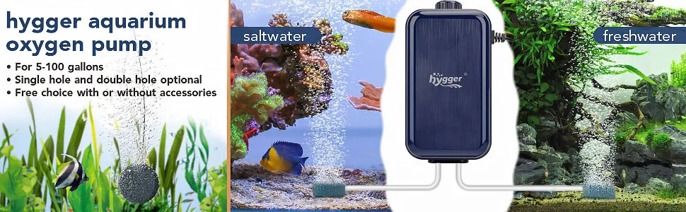 Hygger aquarium oxygen pump for saltwater and freshwater tanks, 5-100 gallons, single/double hole optional, with accessories