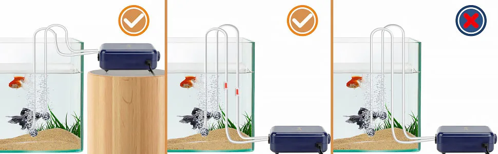 Hygger aquarium setup comparison: correct vs incorrect air pump placement for fish tank maintenance