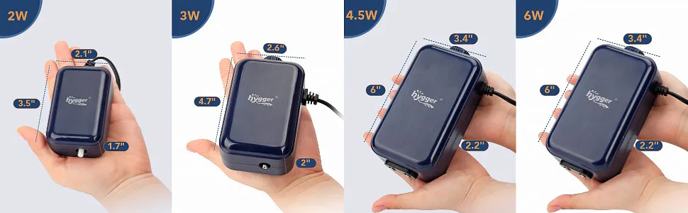 Hygger aquarium air pump with dimensions for 2W, 3W, 4.5W, and 6W models, showing size measurements in inches.
