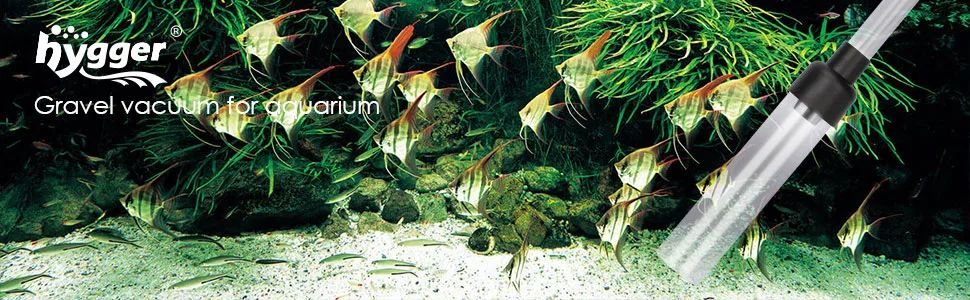 Hygger aquarium gravel vacuum cleaner in use with colorful fish and lush plants