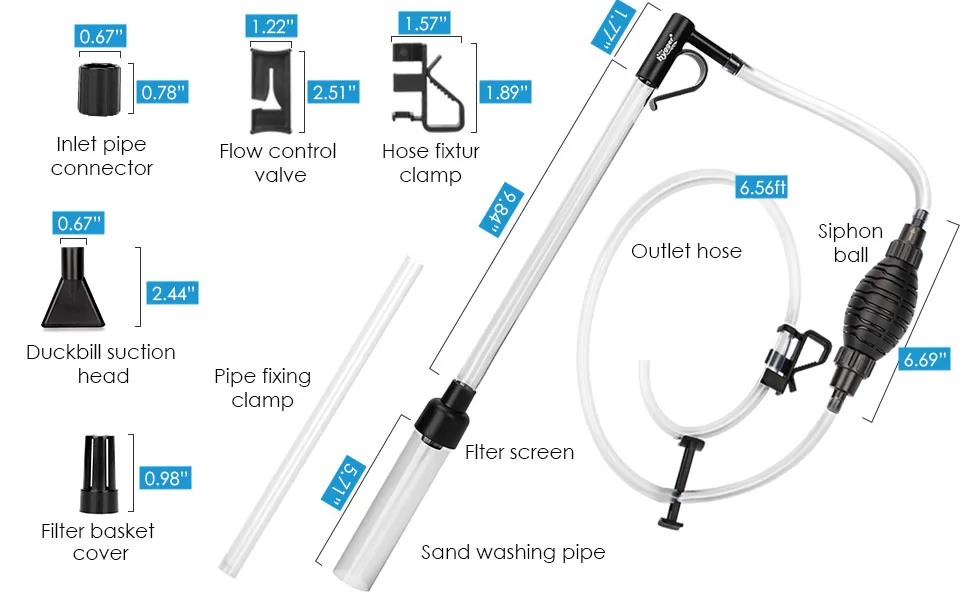 Hygger aquarium siphon pump components diagram with measurements for inlet pipe connector, flow control valve, hose fixture c