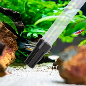Hygger aquarium water siphon tube with black connector in a planted tank with rocks and fish
