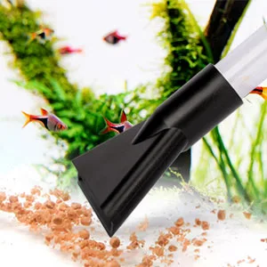 Hygger aquarium cleaning tool removing debris from gravel with fish and plants in background