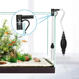 Hygger aquarium with filter and heater, featuring plants, rocks, and fish in a clean setup