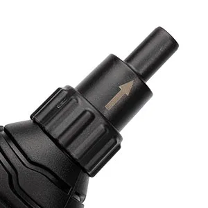 Close-up of black hygger aquarium air pump nozzle with directional arrow for airflow indication
