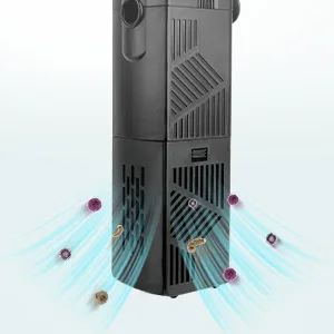 Hygger aquarium air purifier with blue airflow and particle removal, showing clean air circulation for home use