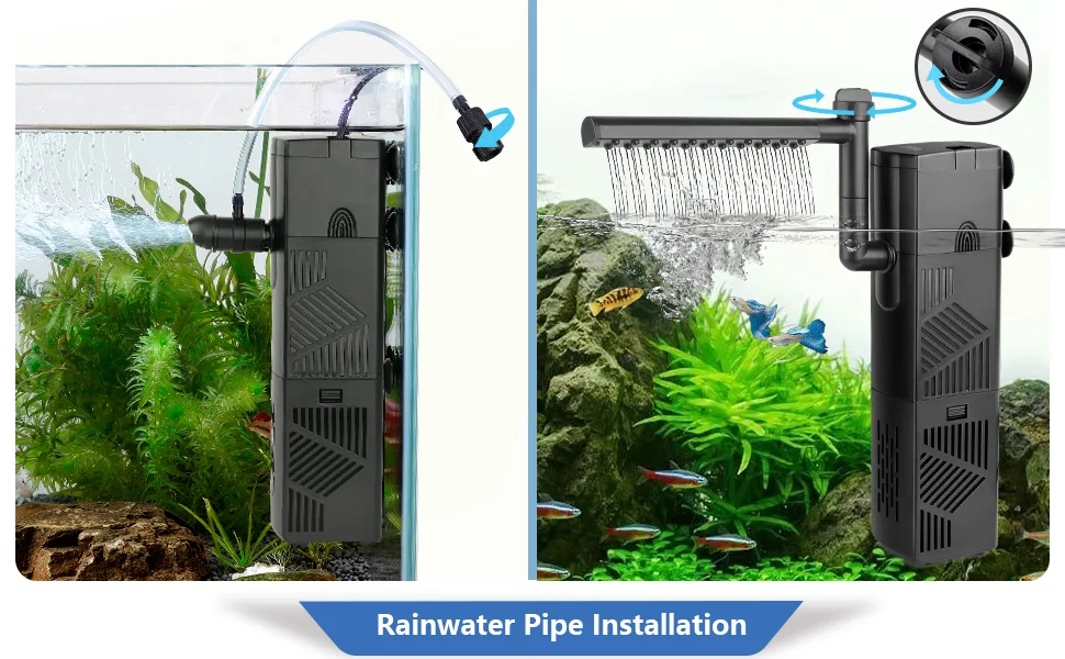 Hygger aquarium filter with rainwater pipe installation showing water flow and fish tank setup