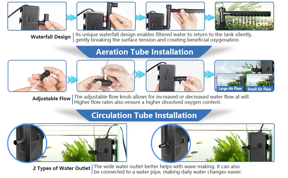 Hygger aquarium pump with waterfall design, aeration tube installation, adjustable flow, and circulation tube installation fo
