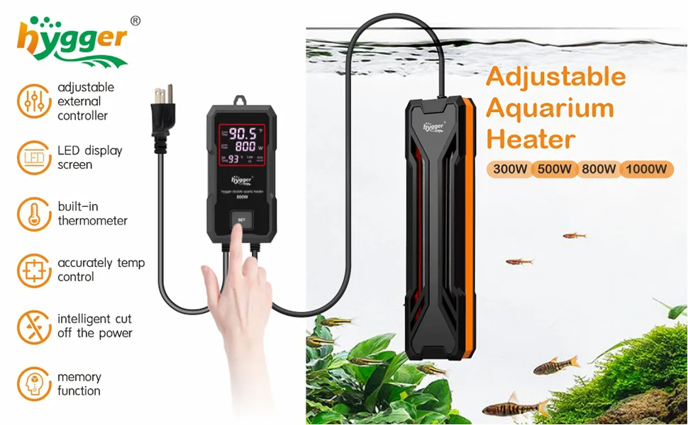 Hygger adjustable aquarium heater with LED display, built-in thermometer, and 300W-1000W power options for precise temperatur