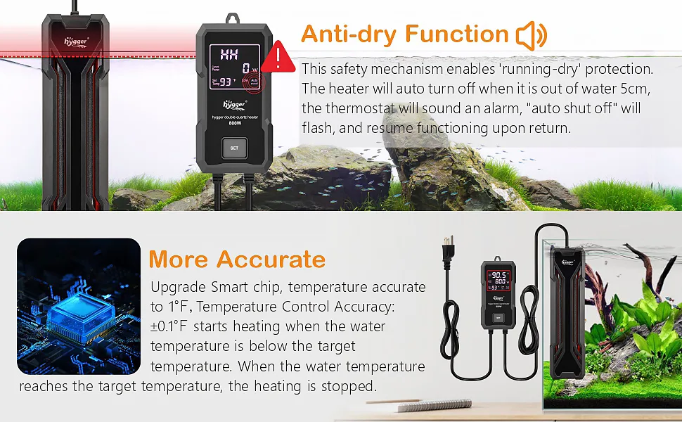 Hygger aquarium heater with anti-dry function and precise temperature control for safe and accurate fish tank heating
