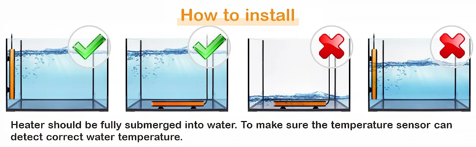 Correct aquarium heater installation: fully submerged in water for accurate temperature sensing. (SEO: aquarium heater setup,
