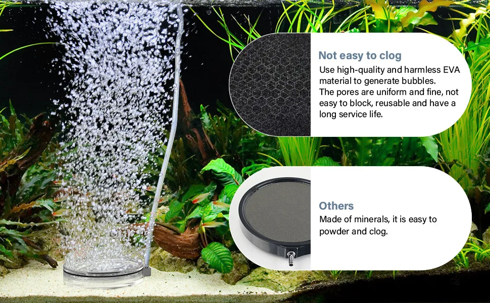 Hygger aquarium air stone with EVA bubbles, comparing to mineral stones for easy clogging.