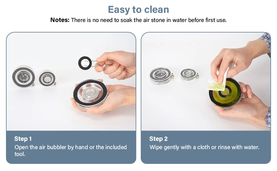Step-by-step guide to clean an air stone: open with tool or hand, then wipe with cloth or rinse with water.