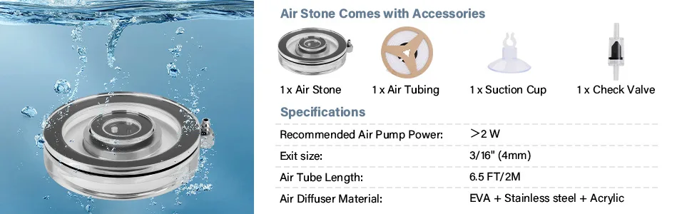 Hygger aquarium air stone with accessories: air stone, tubing, suction cup, check valve. Specifications include recommended a