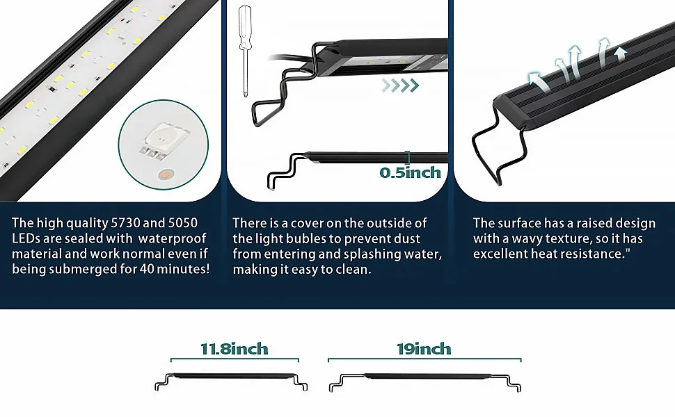 Hygger aquarium LED light strip with waterproof 5730/5050 LEDs, dust cover, heat-resistant surface, and 11.8inch/19inch sizes