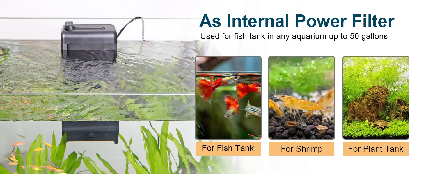 Internal power filter for aquariums up to 50 gallons, suitable for fish, shrimp, and plant tanks with clear water and healthy