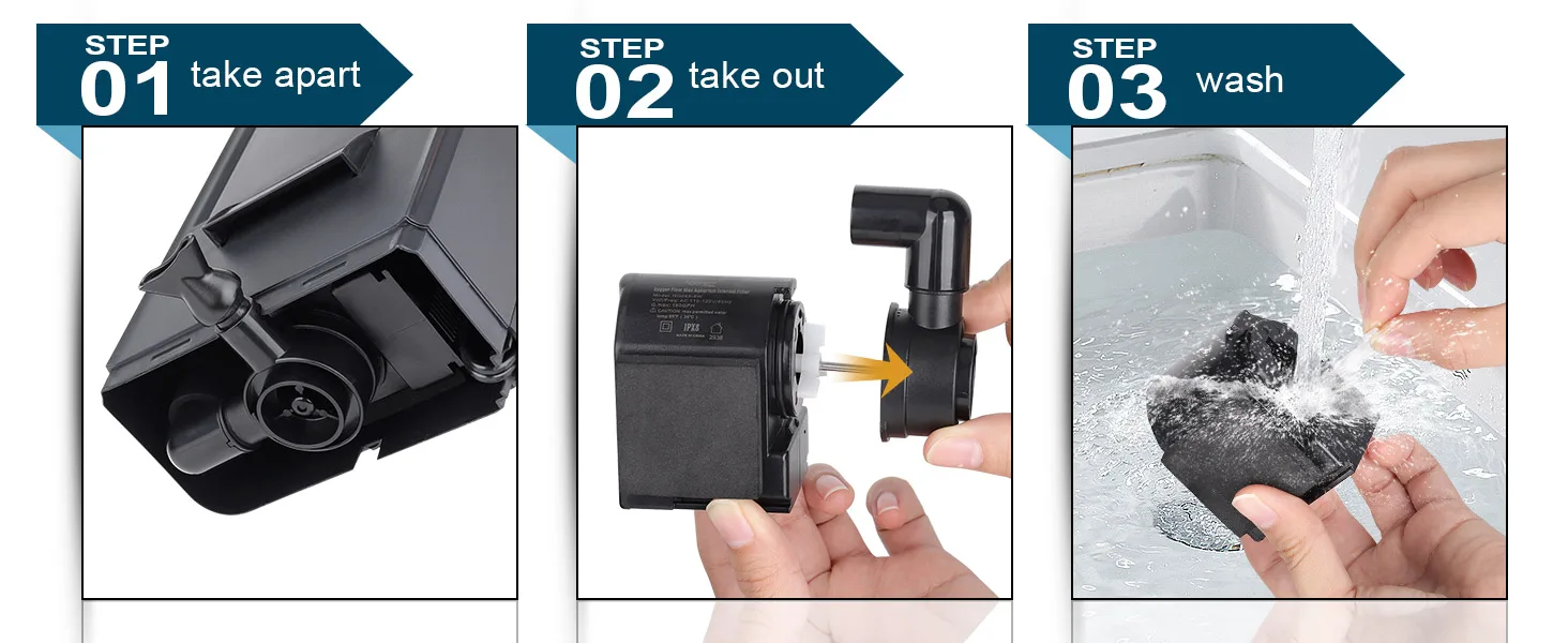 Step-by-step guide for cleaning a hygger aquarium filter: disassemble, remove components, and wash parts under running water.