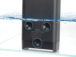 Hygger aquarium water level sensor with blue circles highlighting key features under water
