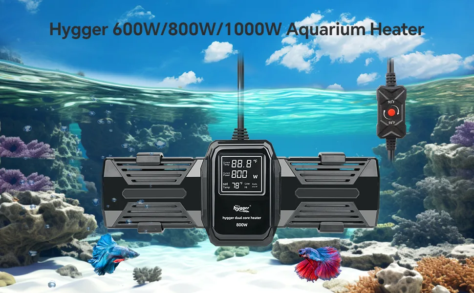 Hygger 600W/800W/1000W aquarium heater with digital display and dual core design for fish tanks, shown underwater with coral