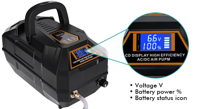 Hygger AC/DC Air Pump with digital display showing 66V and 100% battery power, featuring voltage, battery power, and status i