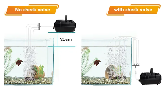 Comparison of aquarium air pumps with and without check valves, showing water flow differences at 25cm depth.