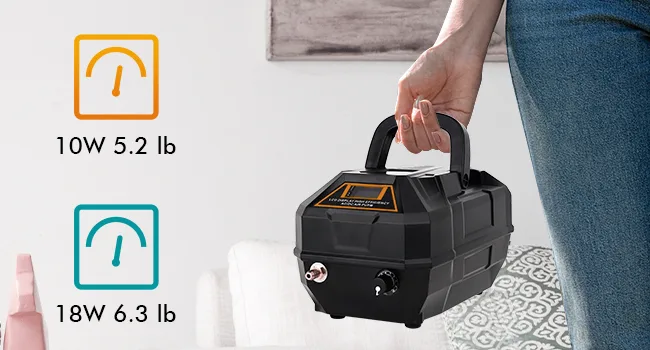 Hygger aquarium air pump with 10W/18W power options and 5.2/6.3 lb weight, shown being held in a home setting.