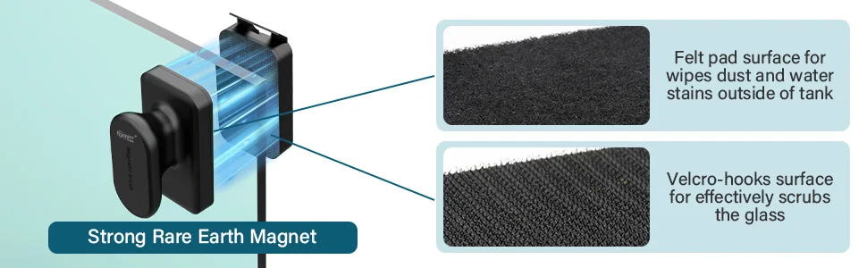Hygger aquarium glass cleaner with rare earth magnet, felt pad for dust/water stains, Velcro-hooks for scrubbing