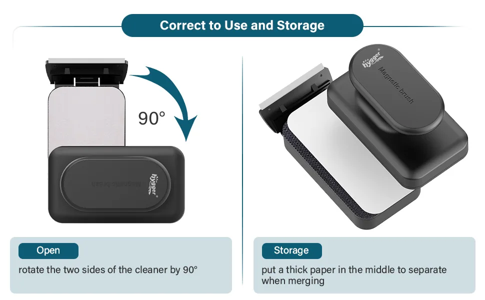 Hygger aquarium cleaner with magnetic brush, showing correct opening (90° rotation) and storage instructions with thick paper