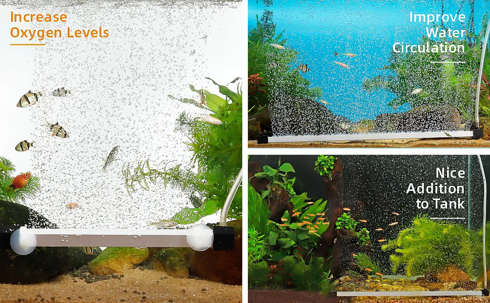 Hygger aquarium air stone with bubbles, fish, plants, and gravel for oxygenation and water circulation in a tank.