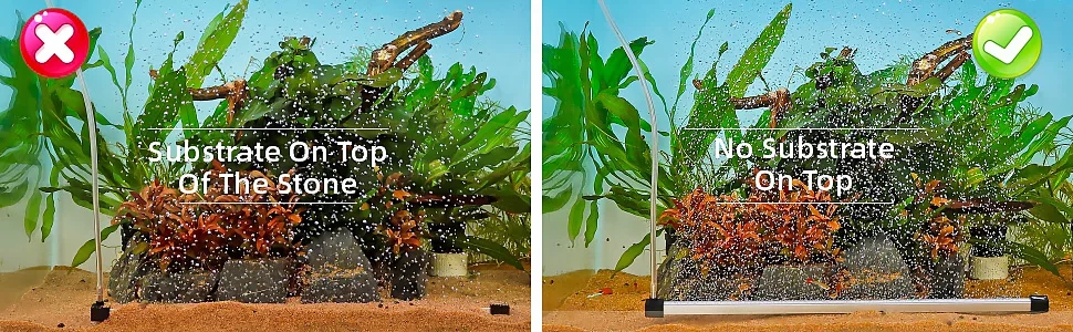 Hygger aquarium setup comparison: left shows substrate on top of stone (wrong), right shows no substrate on top (correct).