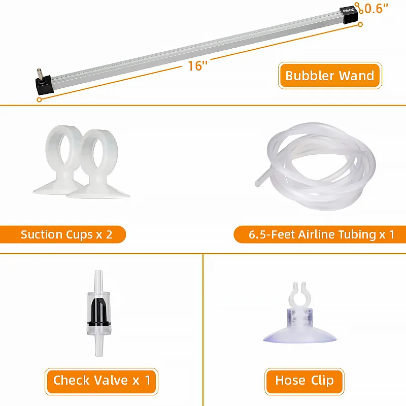 Hygger aquarium air pump kit components: bubbler wand, suction cups, airline tubing, check valve, and hose clip.