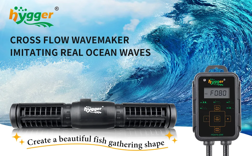 Hygger Cross Flow Wavemaker for aquariums, creating realistic ocean waves to attract fish with digital control panel
