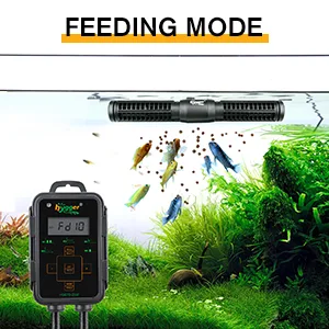 Hygger automatic fish feeder in aquarium feeding mode with floating food and fish swimming