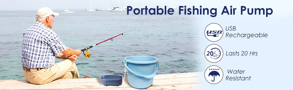 A man fishing on a dock with a portable air pump, USB rechargeable, lasts 20 hours, water resistant.