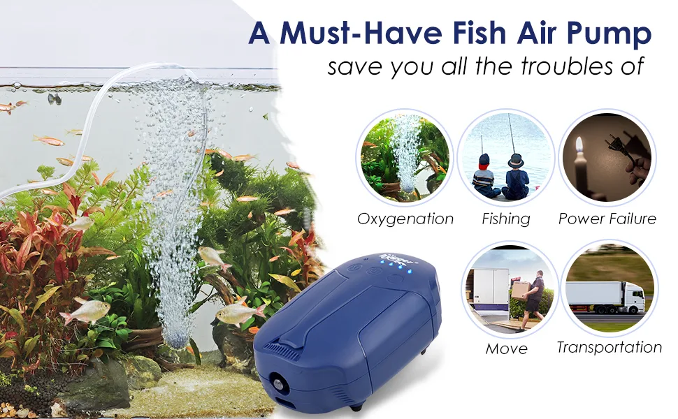 Blue fish air pump with bubbles in aquarium, solving oxygenation, fishing, power failure, move, and transportation issues