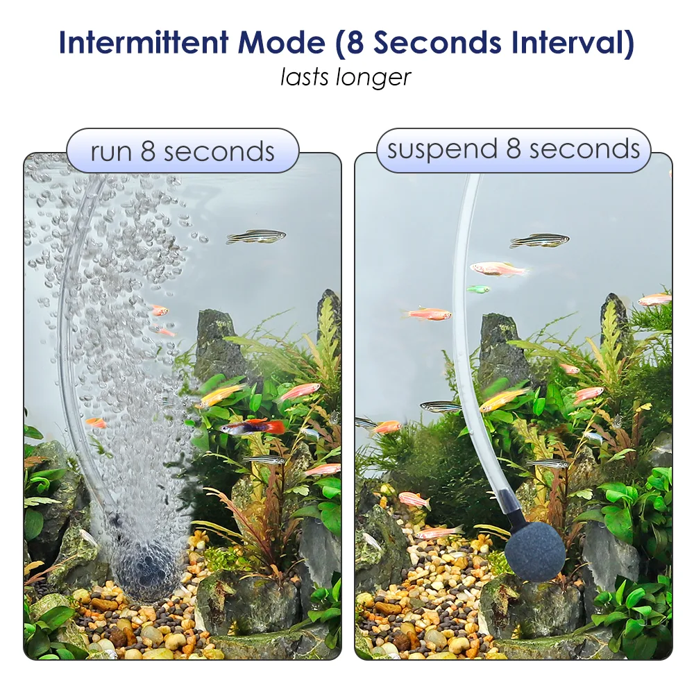 Hygger aquarium air pump intermittent mode showing 8-second run and 8-second suspend cycles with fish and plants