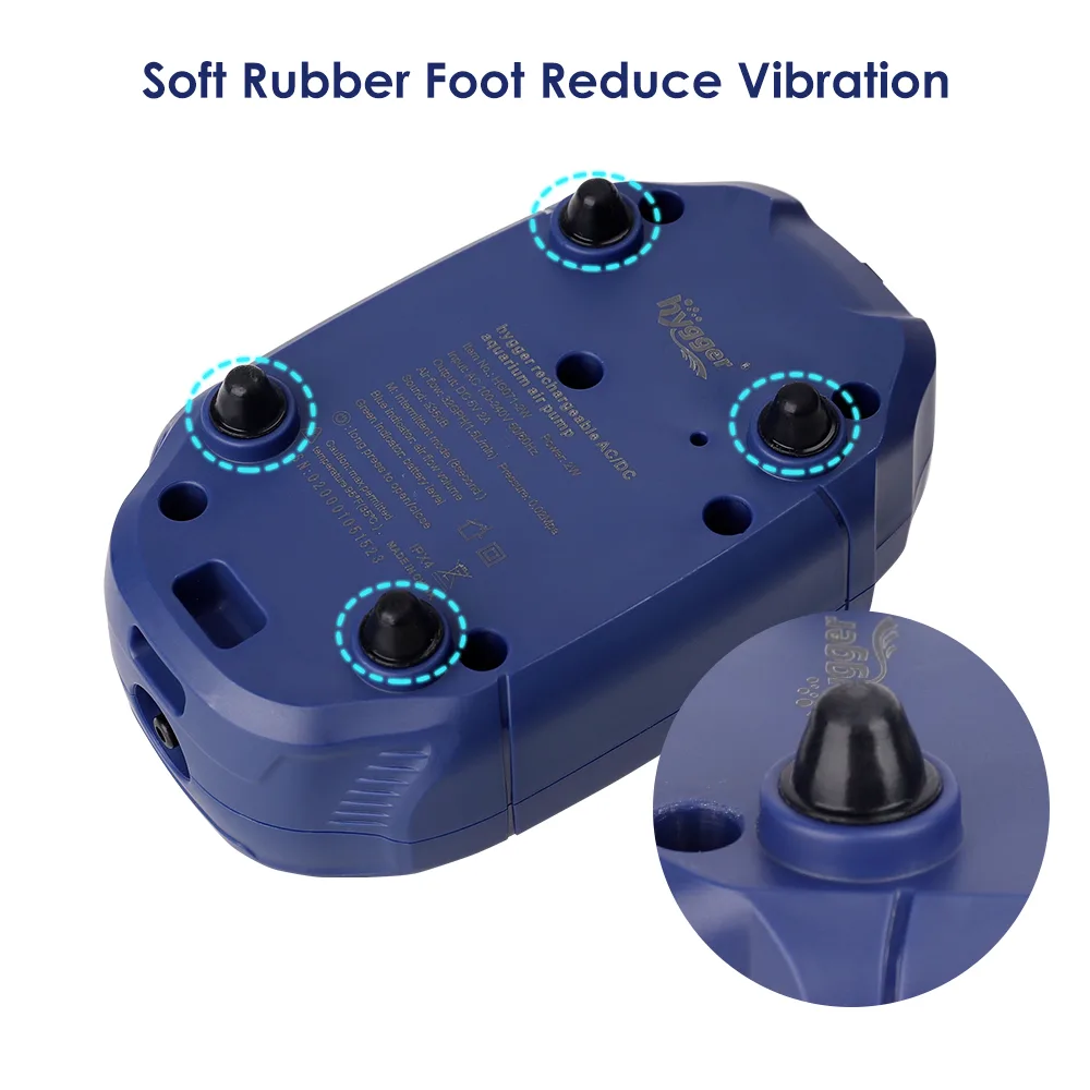 Close-up of Hygger aquarium air pump with soft rubber feet for vibration reduction, showing detailed view of feet and product
