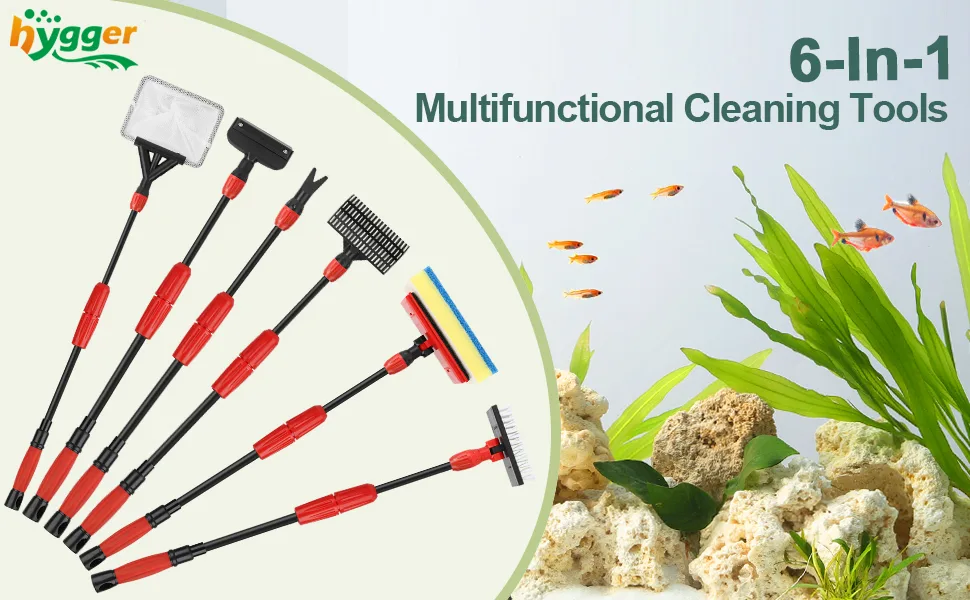 Hygger 6-in-1 aquarium cleaning tools set with siphon, scraper, brush, and more for easy fish tank maintenance