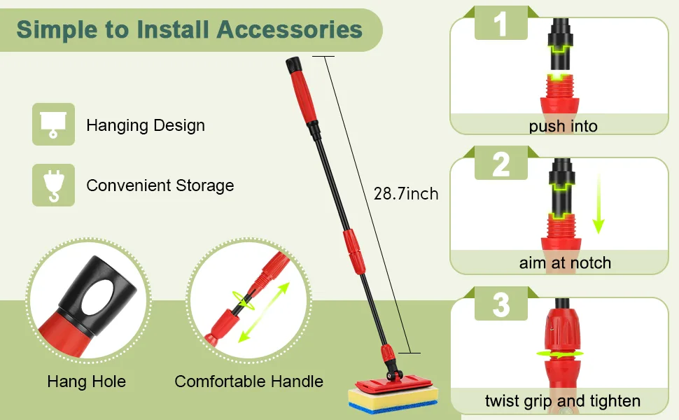 Easy-to-install aquarium cleaner with hanging design and comfortable handle. Step-by-step guide: push, aim at notch, twist gr