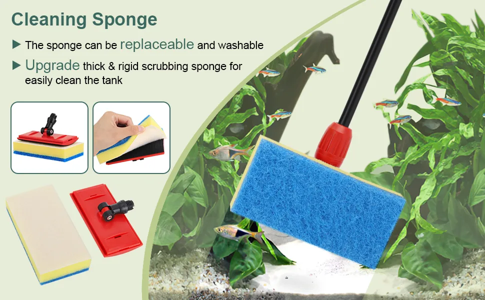 Replaceable and washable aquarium cleaning sponge with thick scrubbing pad for easy tank maintenance