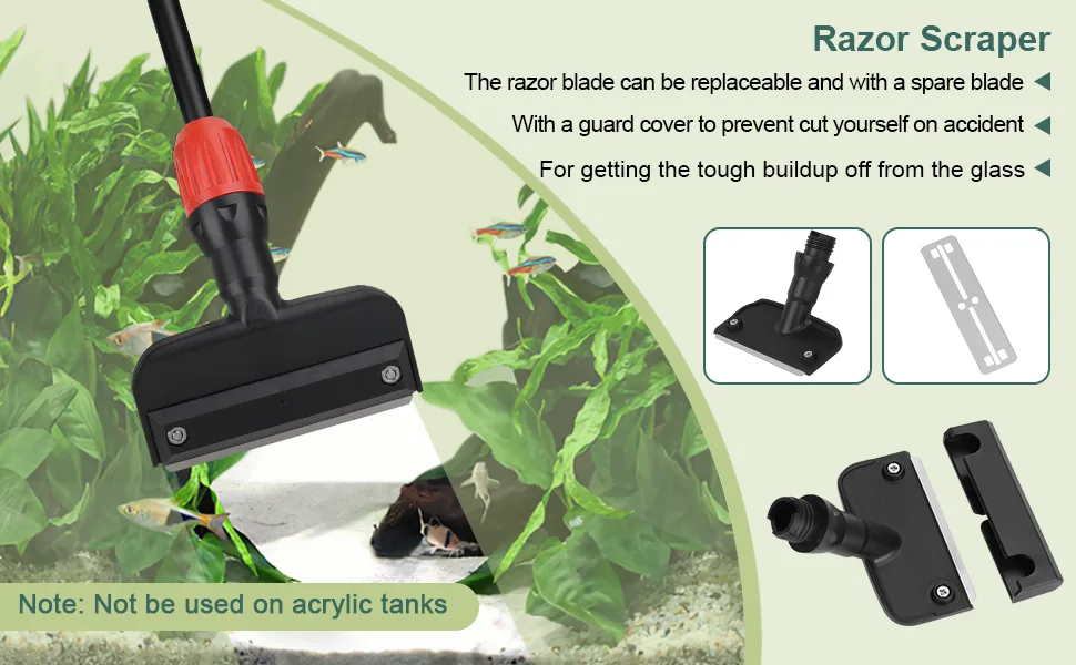 Razor Scraper for aquarium glass cleaning with replaceable blade and guard cover, shown in use on a planted tank with fish