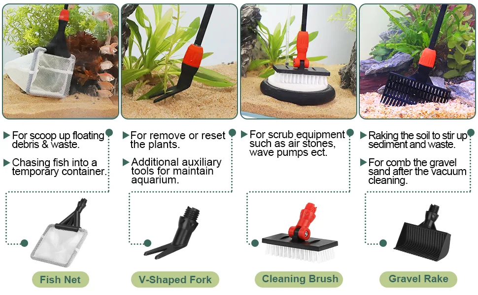 Hygger aquarium cleaning tools set: fish net, V-shaped fork, cleaning brush, and gravel rake for maintaining aquariums.
