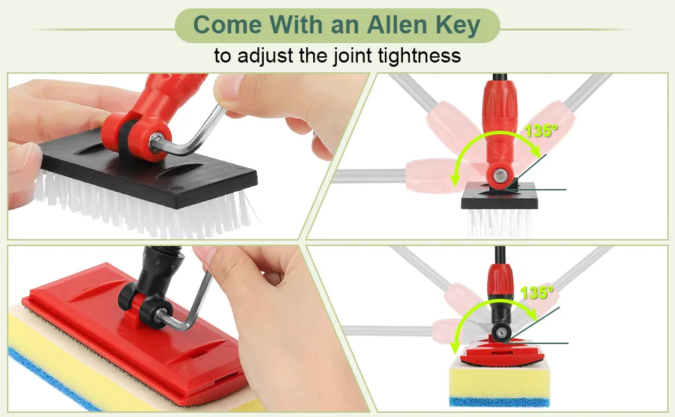 Adjustable aquarium cleaning brush with Allen key for joint tightness adjustment, 135° rotation shown