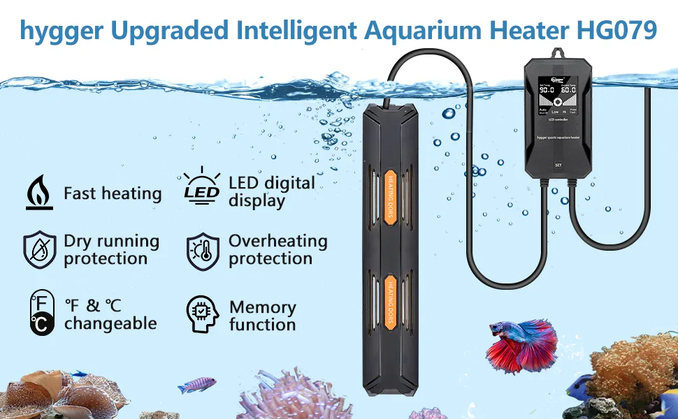 Hygger HG079 Intelligent Aquarium Heater with LED display, fast heating, and safety features for fish tanks