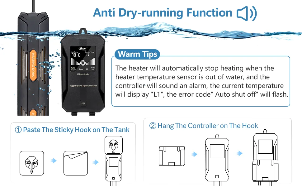Hygger aquarium heater with anti-dry-running function, showing water level sensor, LCD display, and installation steps for sa